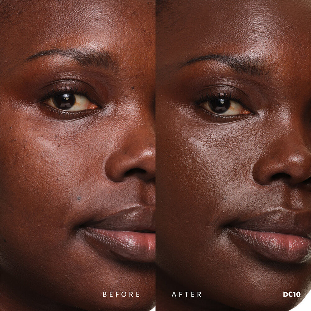 Before and after YSL SKIN AFFAIR SOFT GLOW CUSHION FOUNDATION DC10. Unified complexion with seamless radiant soft glow finish.