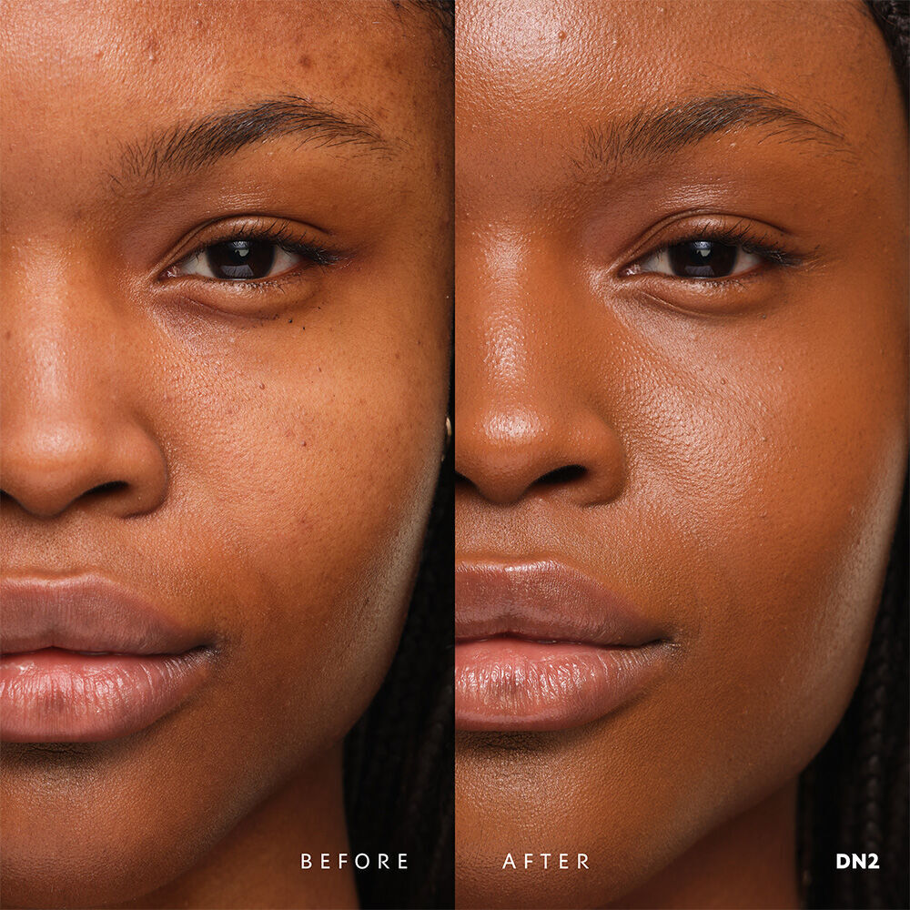 Before and after YSL SKIN AFFAIR SOFT GLOW CUSHION FOUNDATION DN2. Unified complexion with seamless radiant soft glow finish.