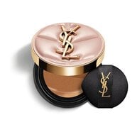 YSL SKIN AFFAIR SOFT GLOW CUSHION FOUNDATION. Pink quilted couture case with gold logo and black makeup puff.
