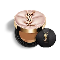 YSL SKIN AFFAIR SOFT GLOW CUSHION FOUNDATION. Pink quilted couture case with gold logo and black makeup puff.