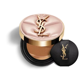 YSL SKIN AFFAIR SOFT GLOW CUSHION FOUNDATION. Pink quilted couture case with gold logo and black makeup puff.