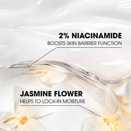 White jasmine petals floating in a clear, bubbly serum texture with Care Crush product’s benefits claims.