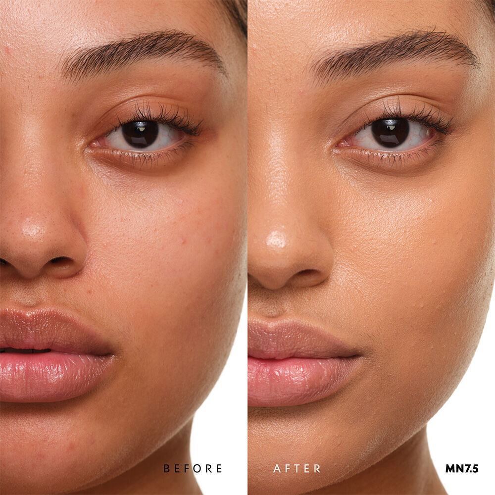 Before and after YSL SKIN AFFAIR SOFT GLOW CUSHION FOUNDATION MN7.5. Unified complexion with seamless radiant soft glow finish.