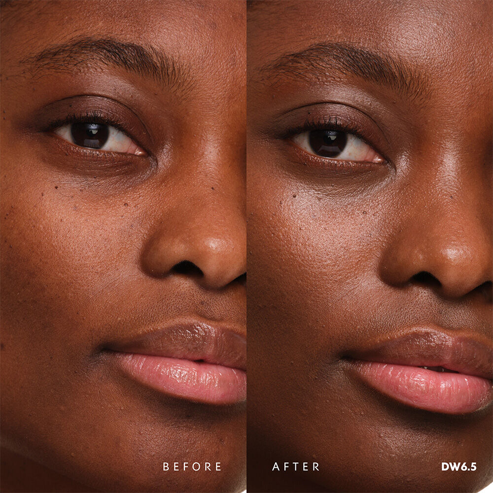 Before and after YSL SKIN AFFAIR SOFT GLOW CUSHION FOUNDATION DW6.5. Unified complexion with seamless radiant soft glow finish.