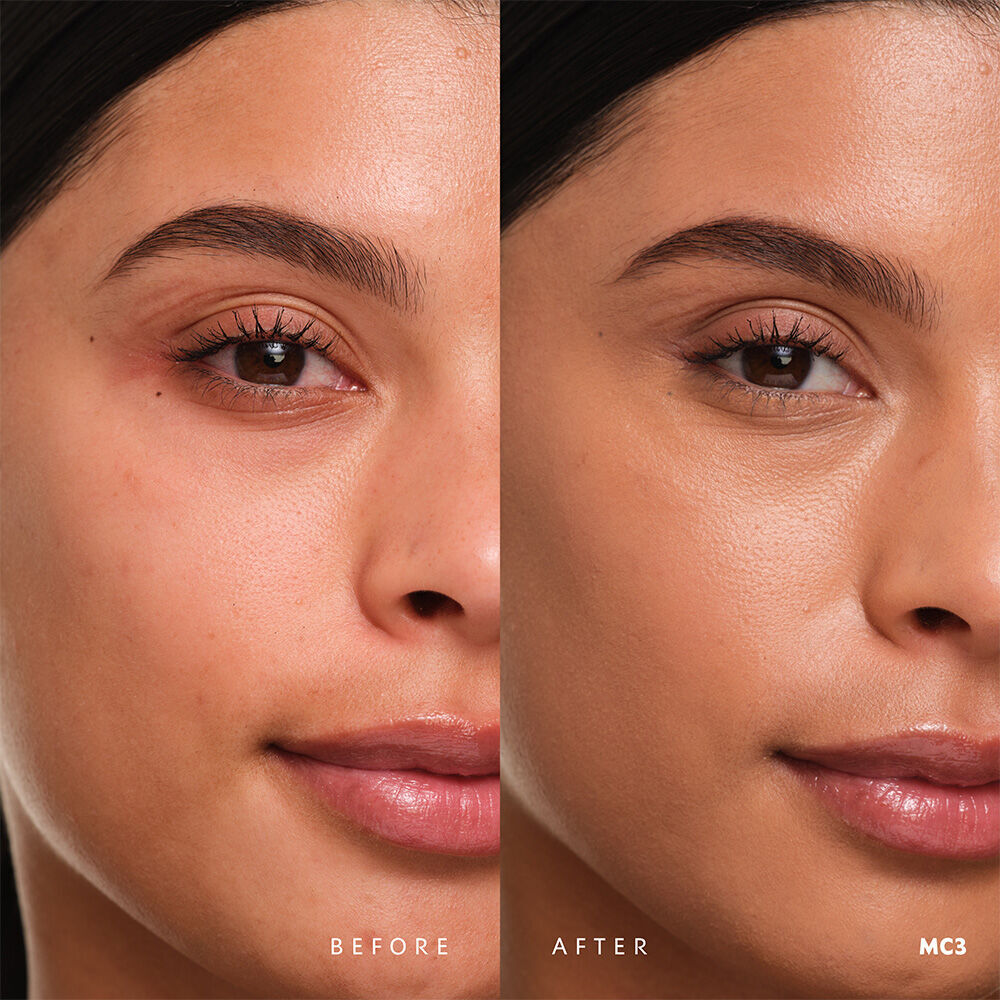 Before and after YSL SKIN AFFAIR SOFT GLOW CUSHION FOUNDATION MC3. Unified complexion with seamless radiant soft glow finish.