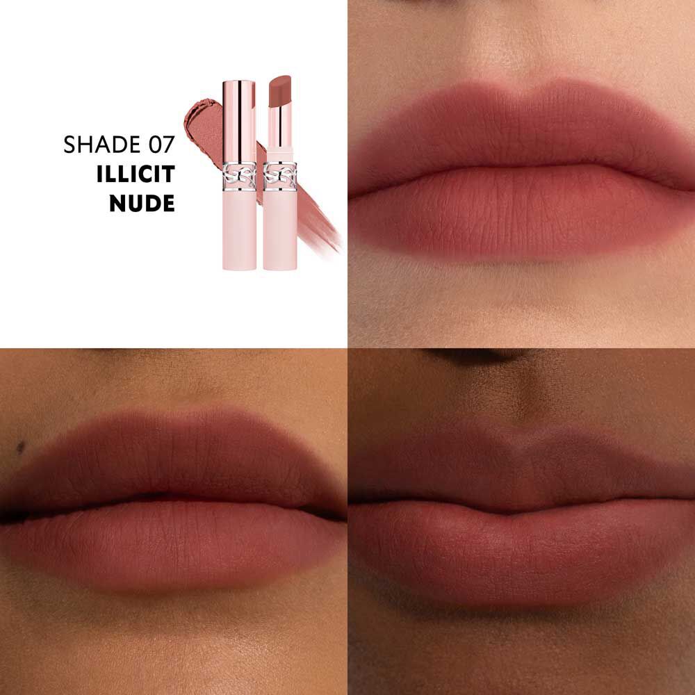 YSL LOVENUDE Lip Blusher, shade 7. Multiframe close-up of lips wearing the product.