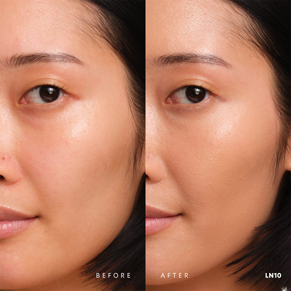 Before and after YSL SKIN AFFAIR SOFT GLOW CUSHION FOUNDATION LN10. Unified complexion with seamless radiant soft glow finish.