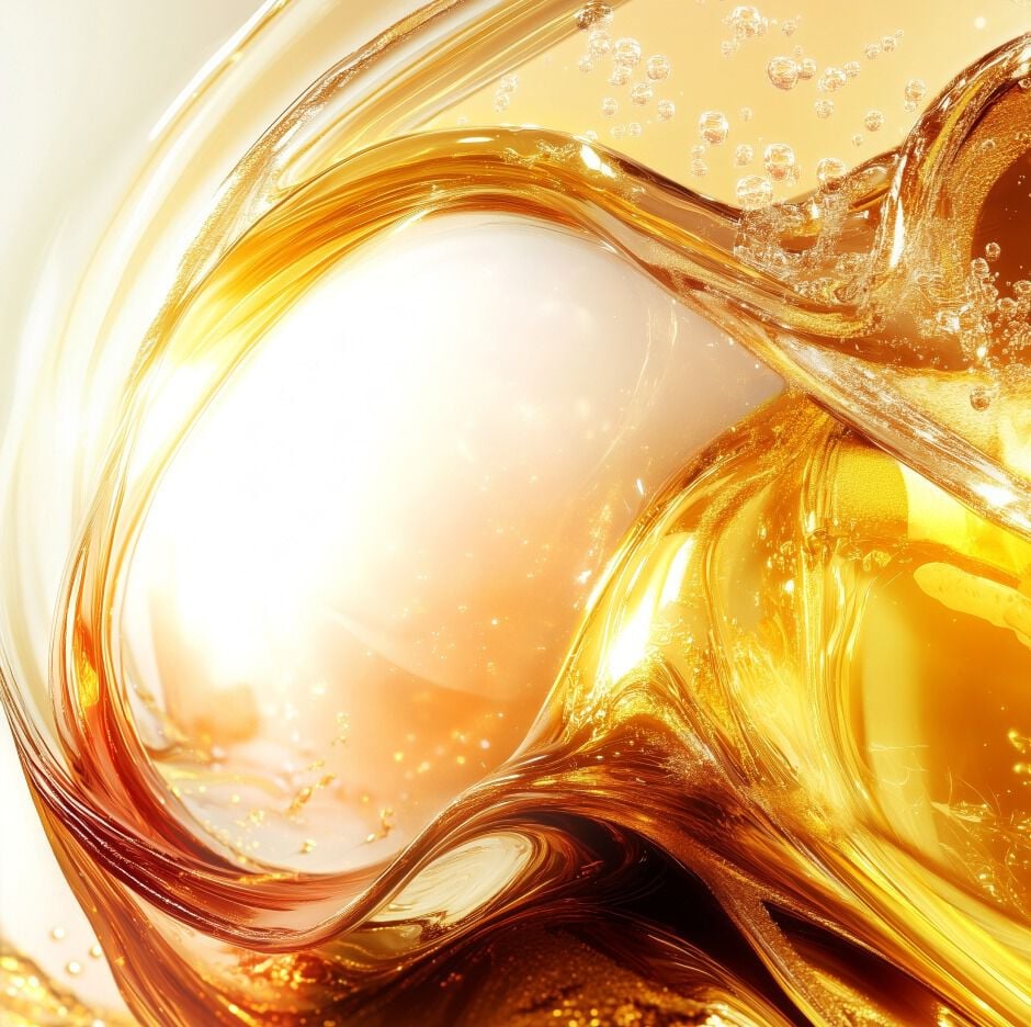 Pleins feux sur un ingrédient de la crème contour des yeux YSL Pure Shots Eye Reboot : un liquide doré abstrait avec des bulles, représentant le complexe vitaminé à la caféine.